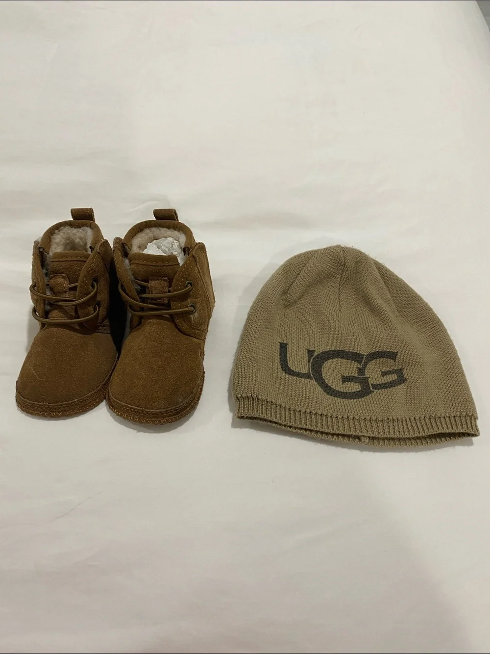 UGG Kids Brown Suede Baby Neumel Boots with Tan UGG Logo Beanie